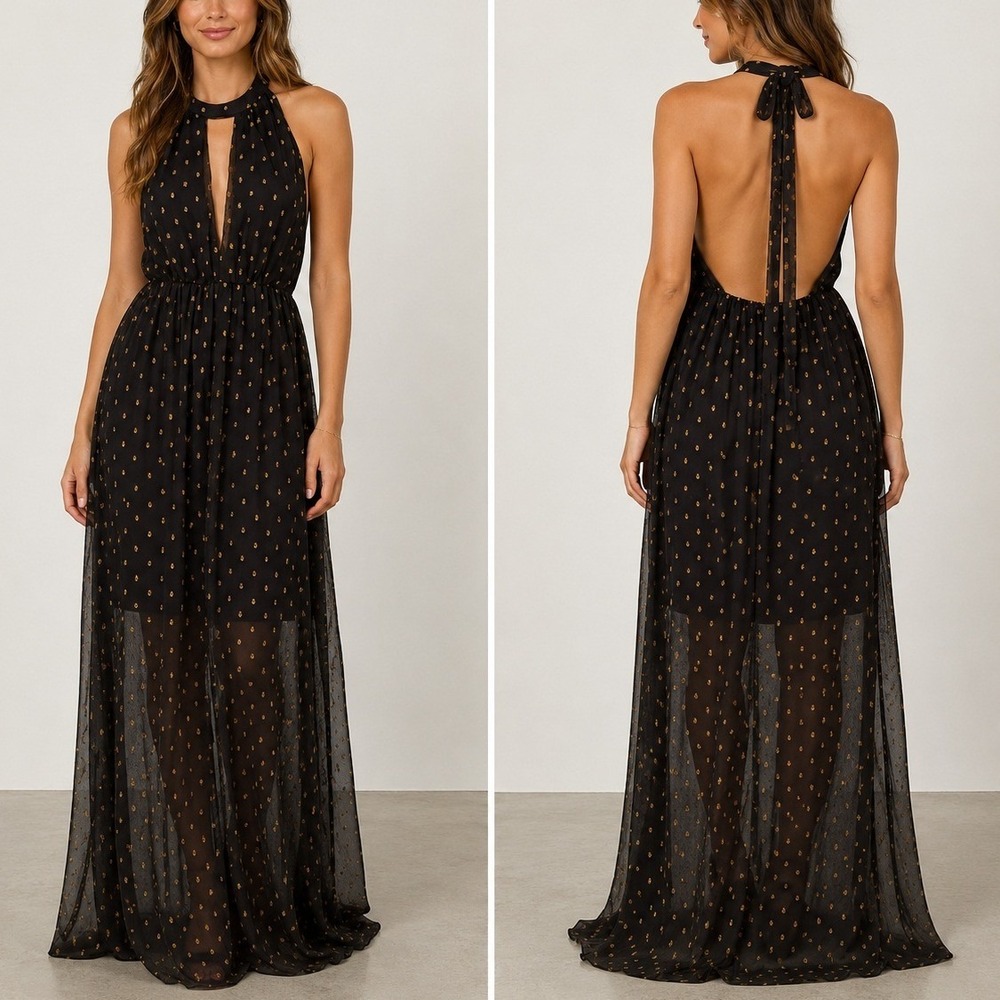 Celandine Beach Disco Plunging Maxi Dress M Black Gold Metallic Dot Resortwear